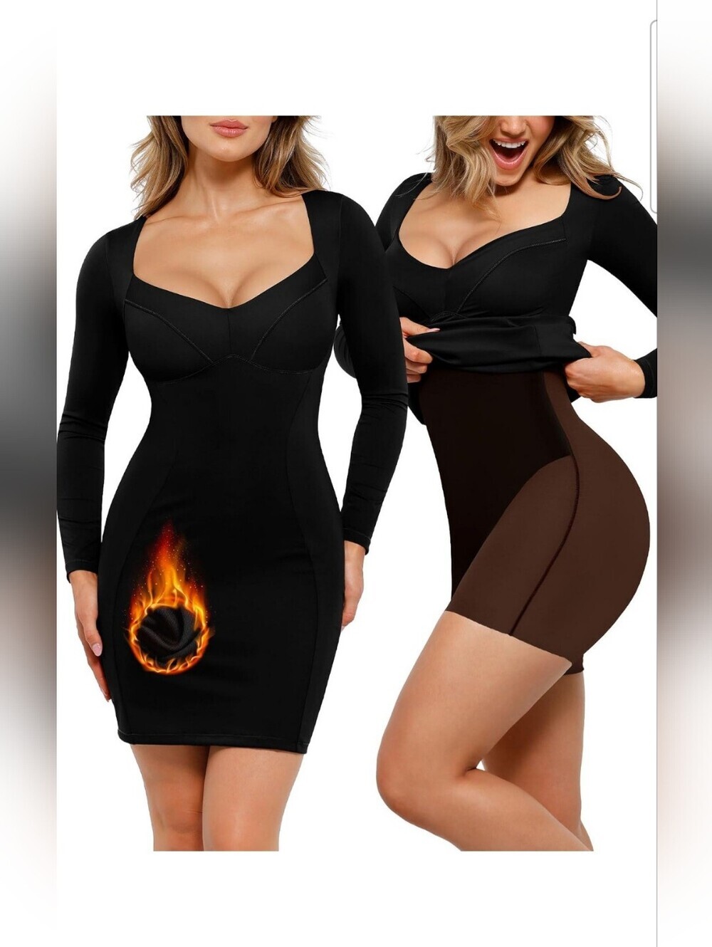 Popilush Women's Black Thermal Sweetheart Neck Long Sleeve Shapewear Dress M